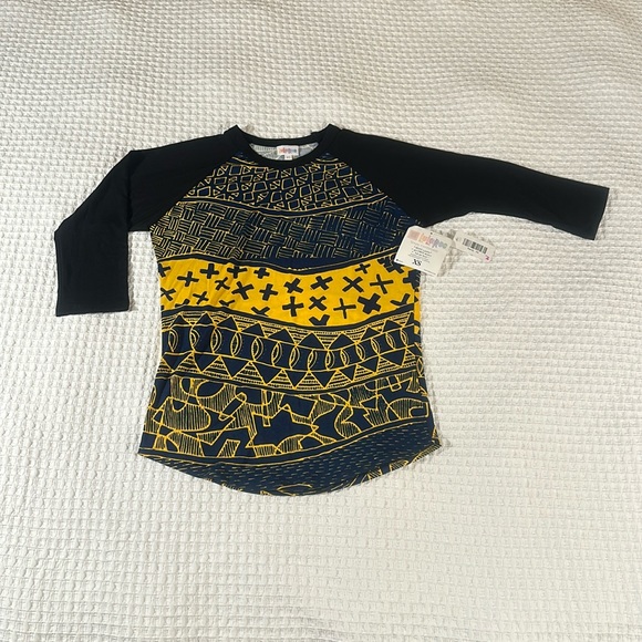 LuLaRoe Women’s Randy Tee/Size: XS/Color:Black Sleeves-Blue-Yellow Patterns(NWT) - Picture 1 of 10